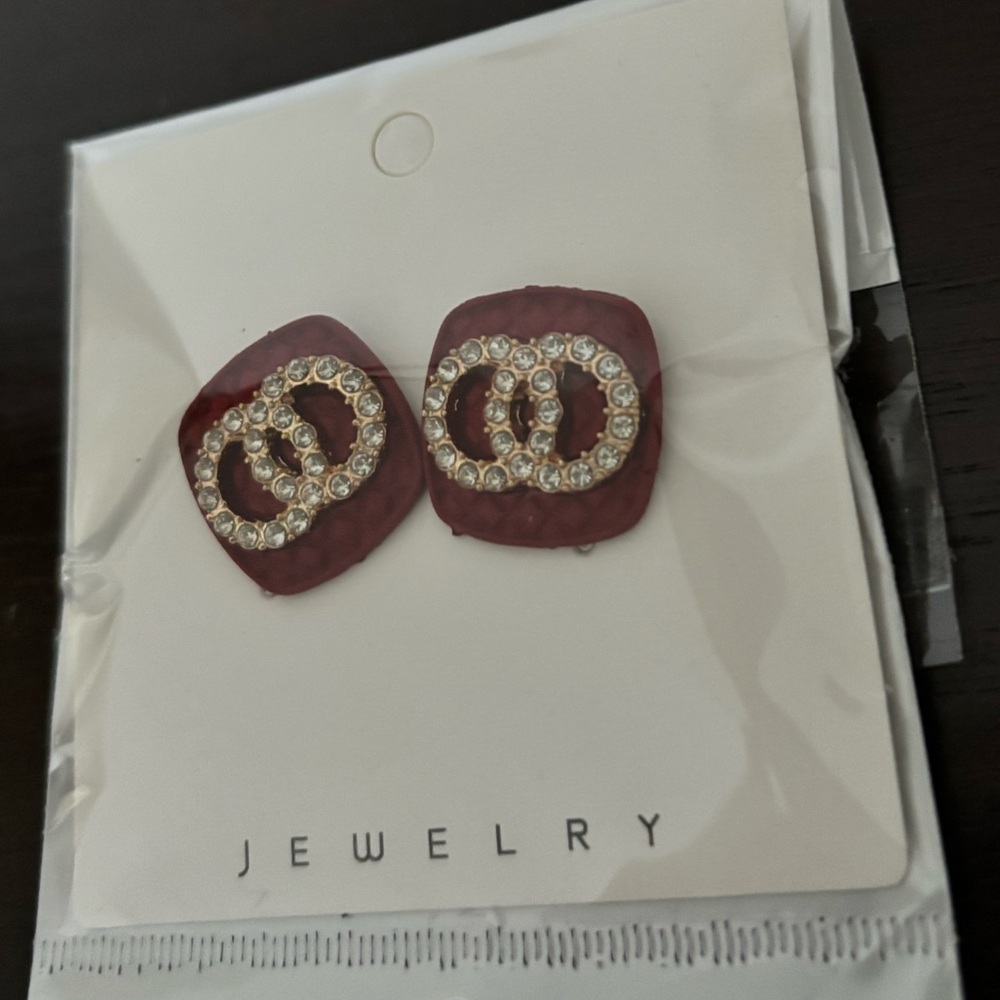 Red Quilted Rhinestone Stud Earrings Statement Jewelry - Picture 3 of 4